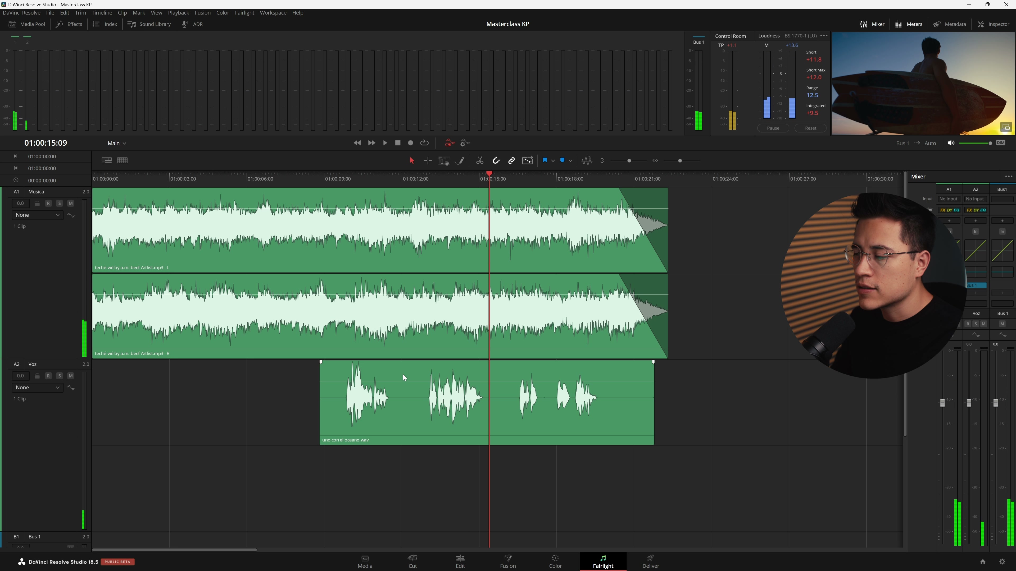 Interfaz de Fairlight en DaVinci Resolve