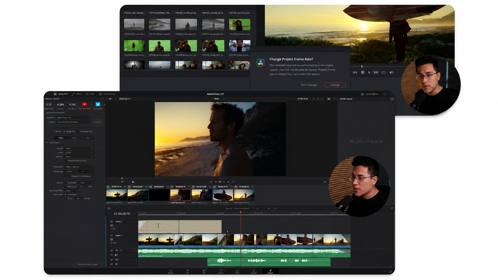 Interfaces reales de edición, color y entrega dentro de DaVinci Resolve