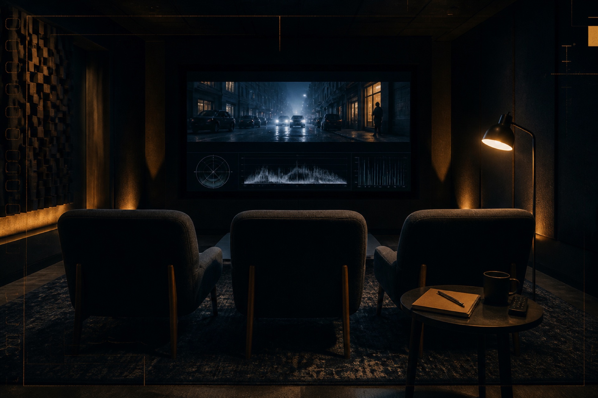 Sala de revisión cinematográfica preparada para una sesión en vivo